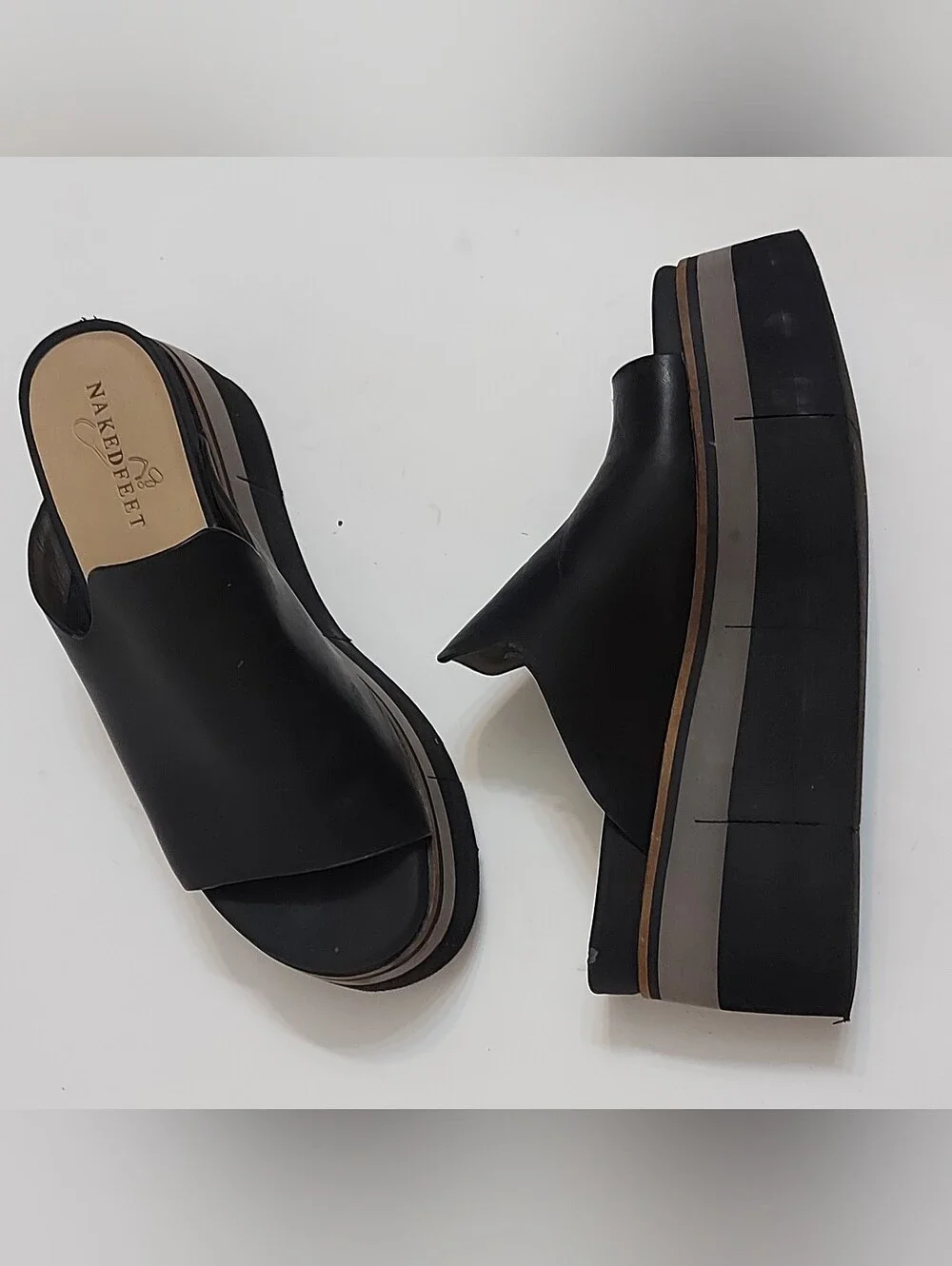 Naked Feet Black Platform Slide Sandals with Brown and Gray Stripe